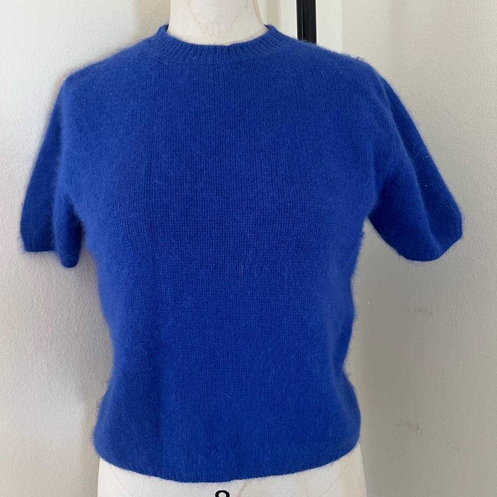 Vintage Cerulean Blue Short Sleeve soft fuzzy Maurizio Pratesi Angora Sweater